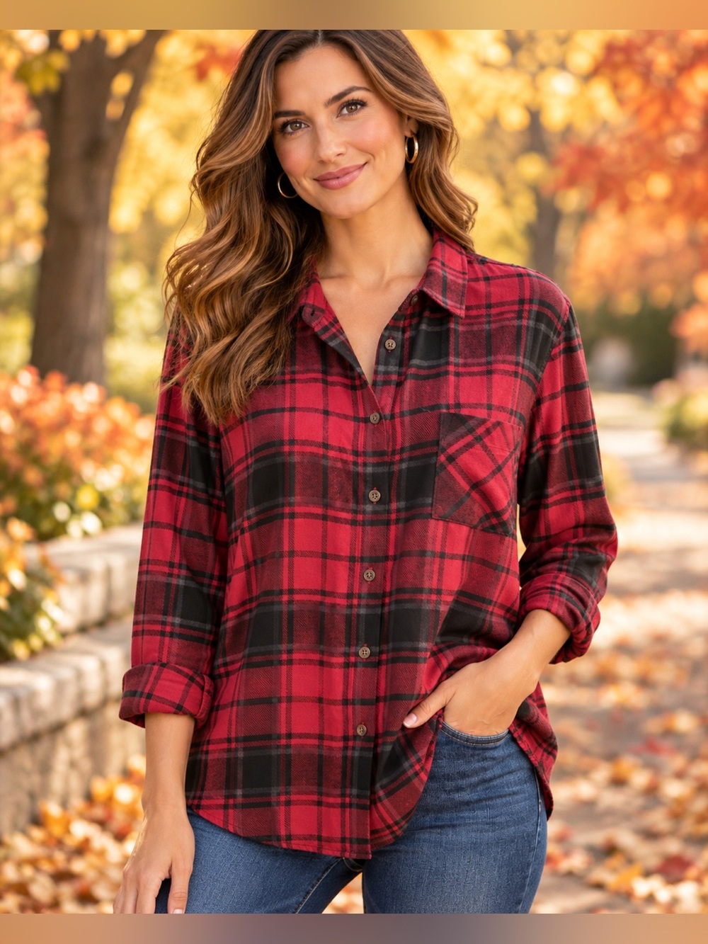 Hippie Rose Red & Black Plaid Oversized Flannel Button Down Shirt M